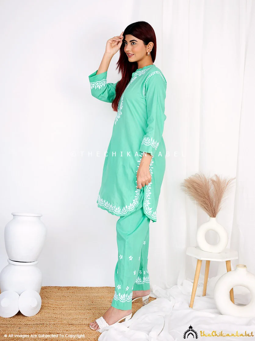 Rumi Organic Cotton Chikankari Kurta Set -Green - Image 7