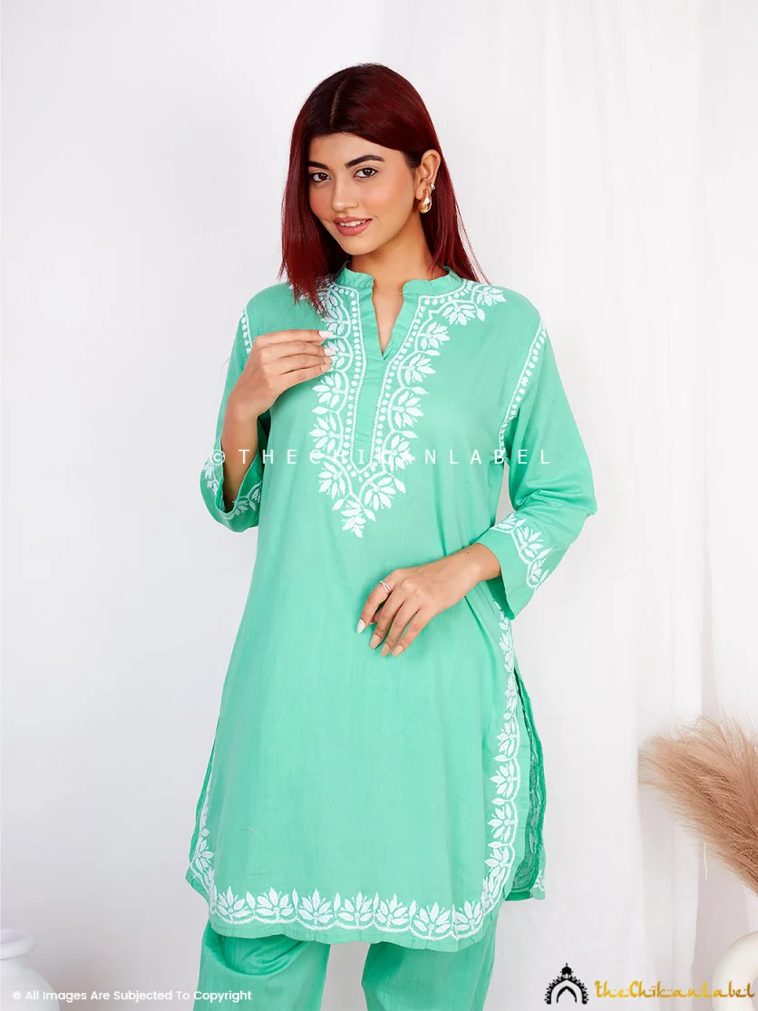 Rumi Organic Cotton Chikankari Kurta Set -Green - Image 8
