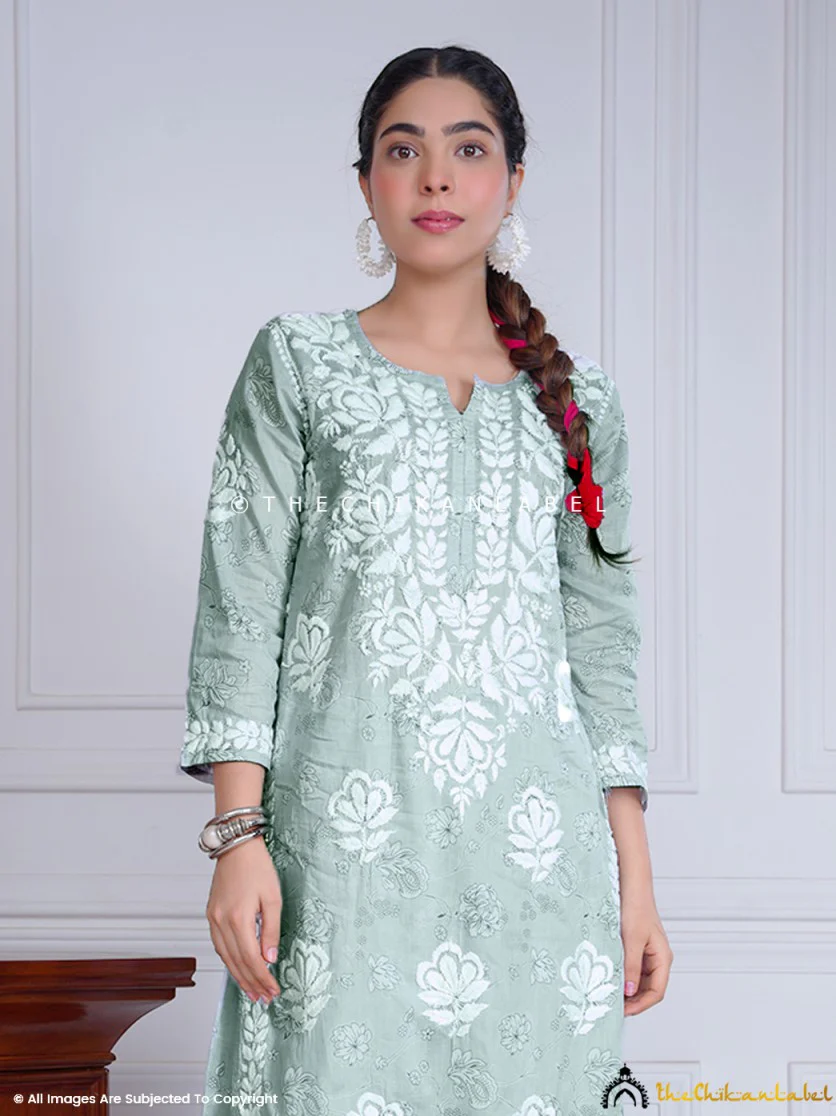 Ruwaab Mulmul Cotton Chikankari Kurta Set-Green - Image 2