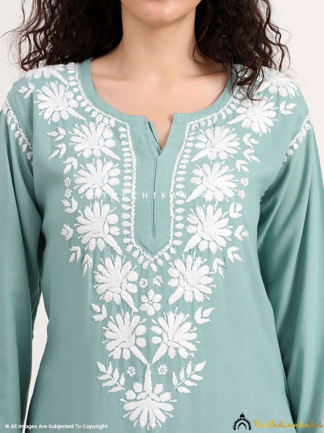 Sabreen Rayon Chikankari Straight Kurti - Green - Image 2