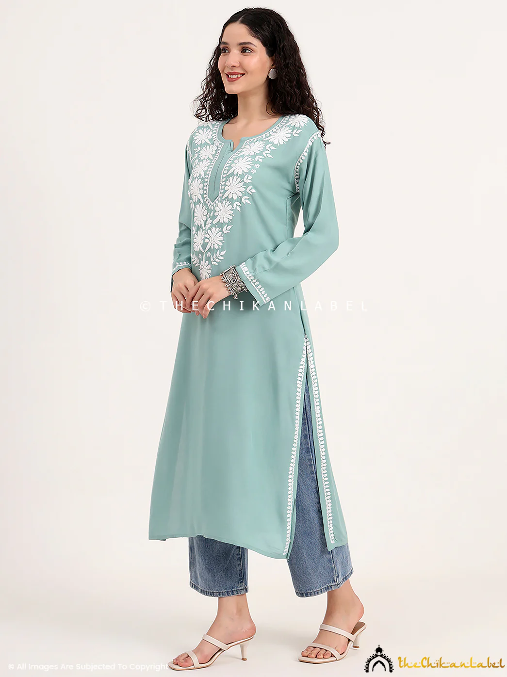 Sabreen Rayon Chikankari Straight Kurti - Green - Image 4