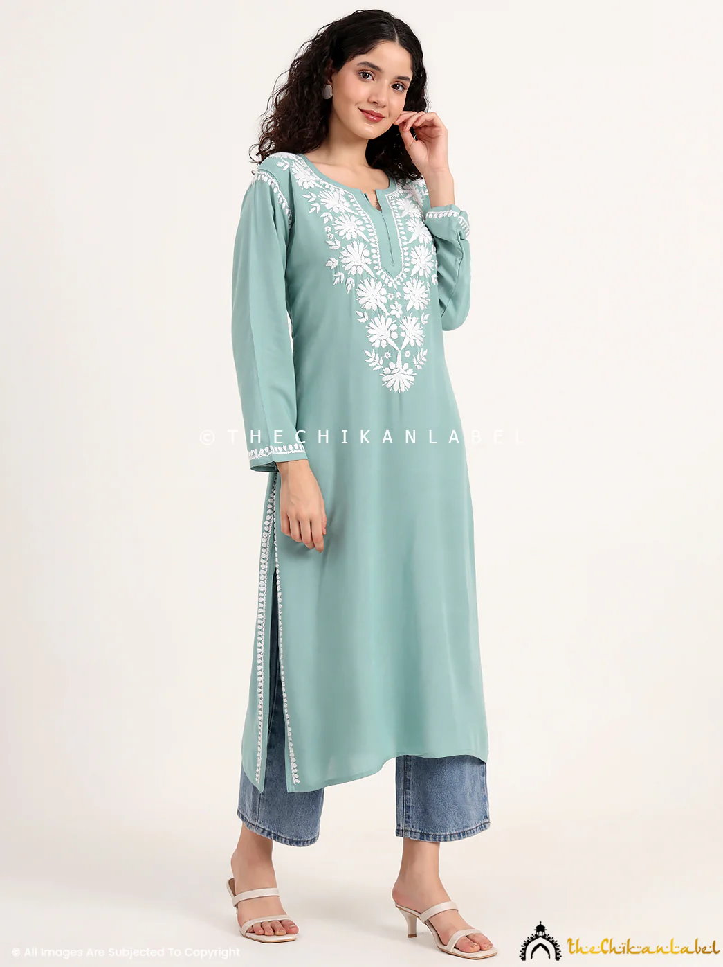 Sabreen Rayon Chikankari Straight Kurti - Green - Image 5