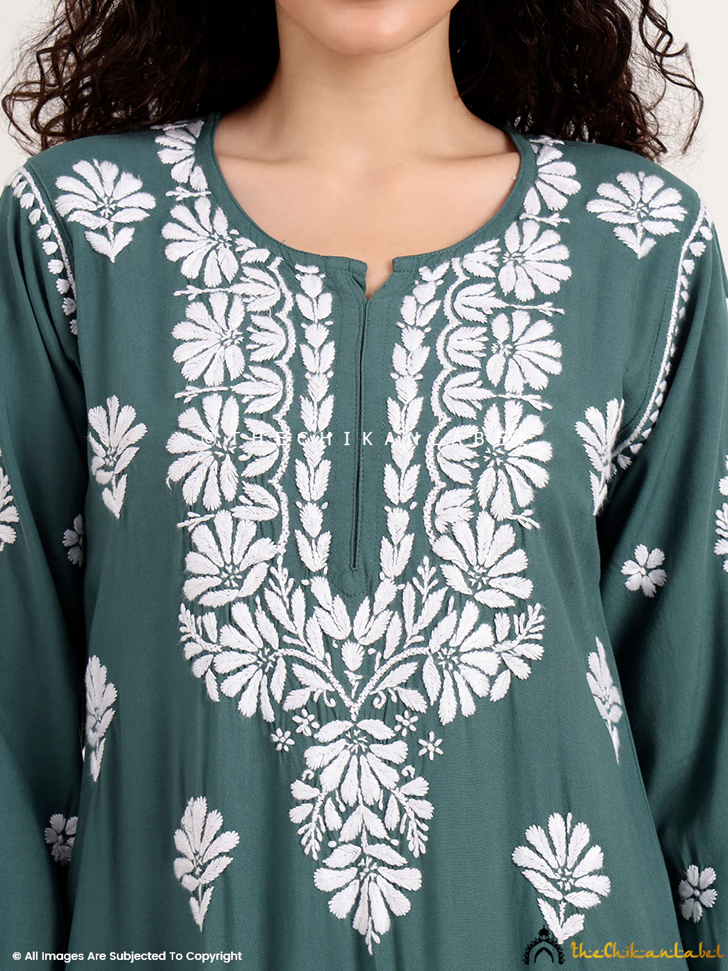 Saira Rayon Straight Chikankari Kurti - Green - Image 2