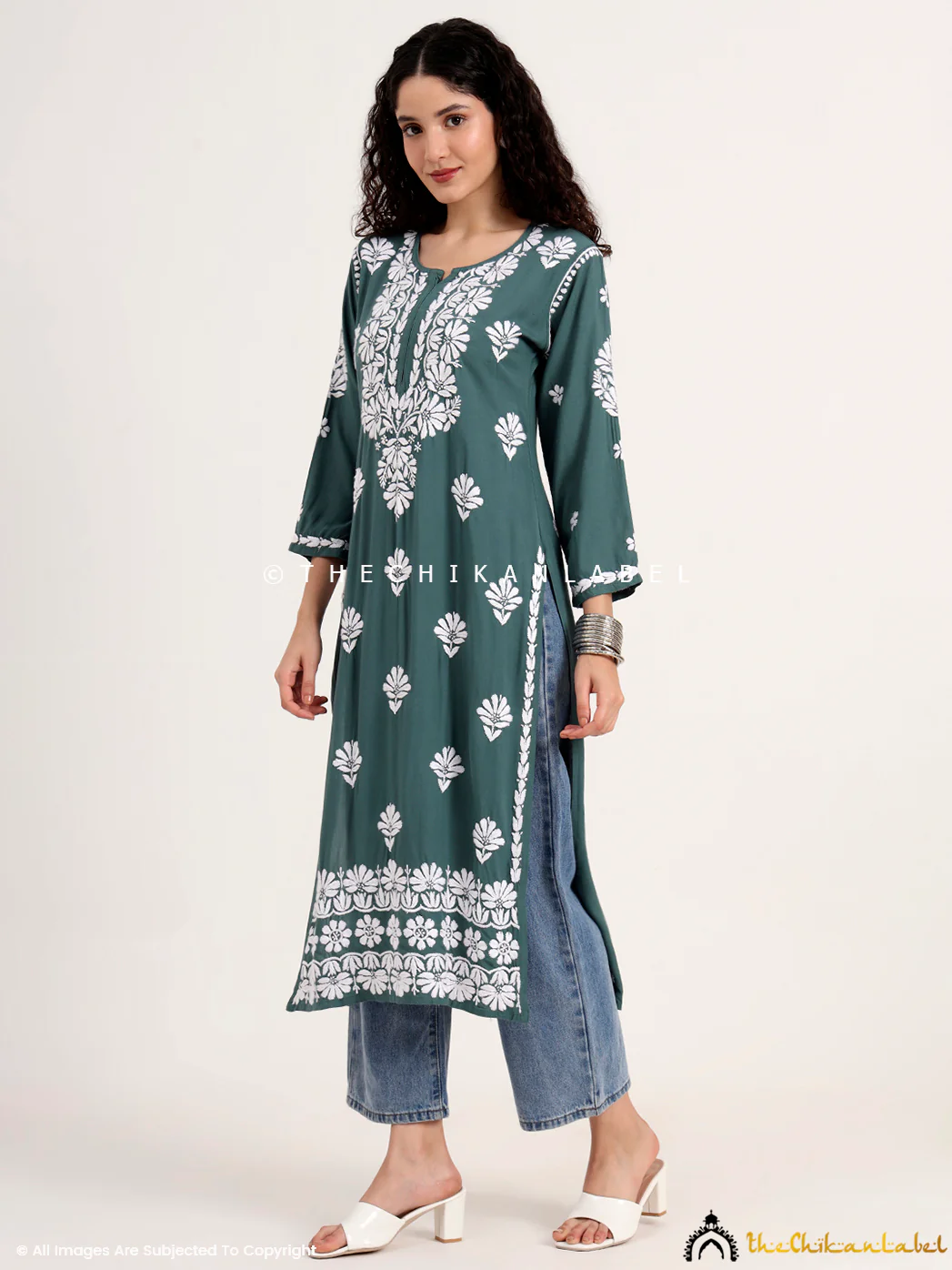 Saira Rayon Straight Chikankari Kurti - Green - Image 4