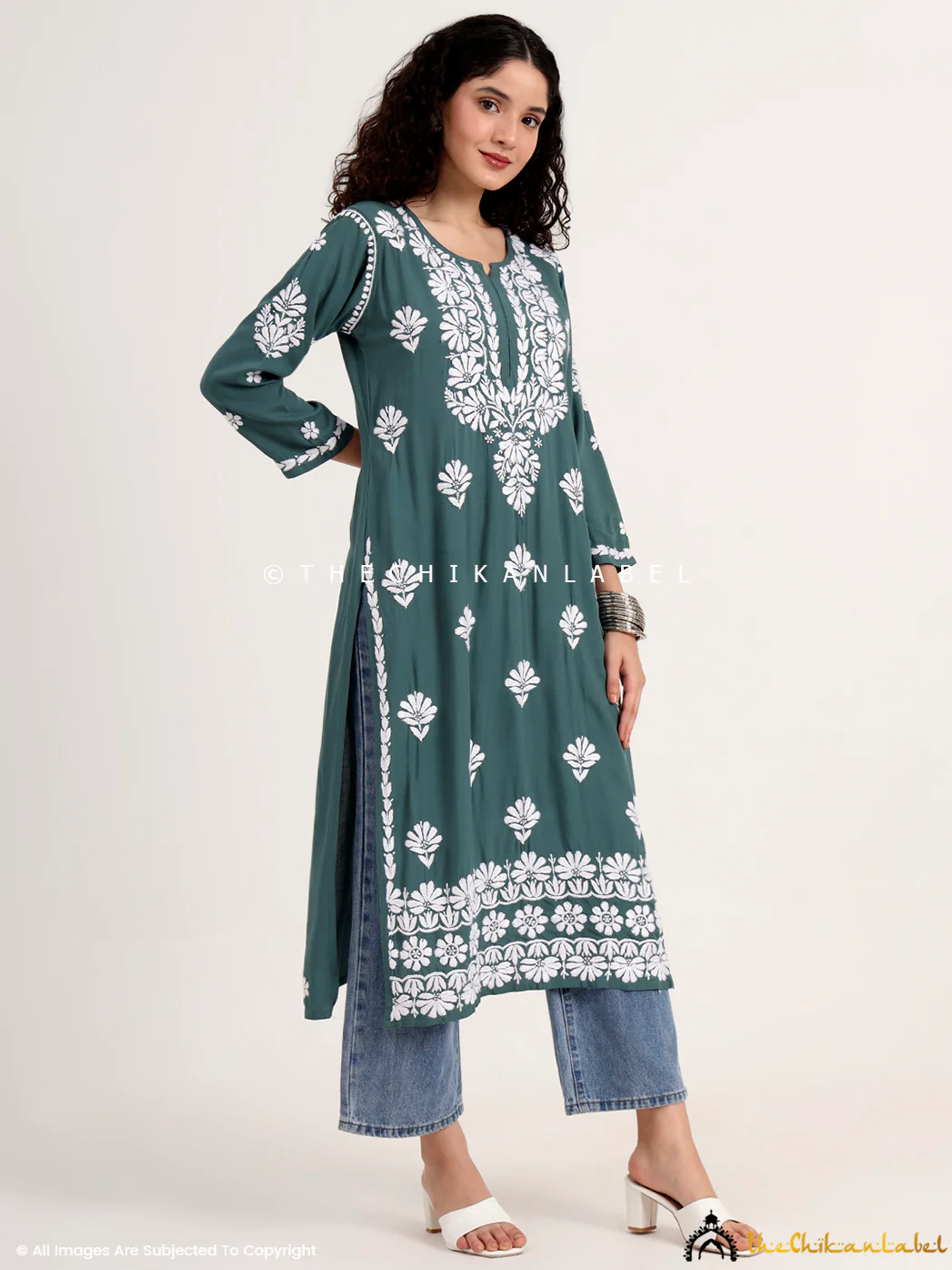 Saira Rayon Straight Chikankari Kurti - Green - Image 5