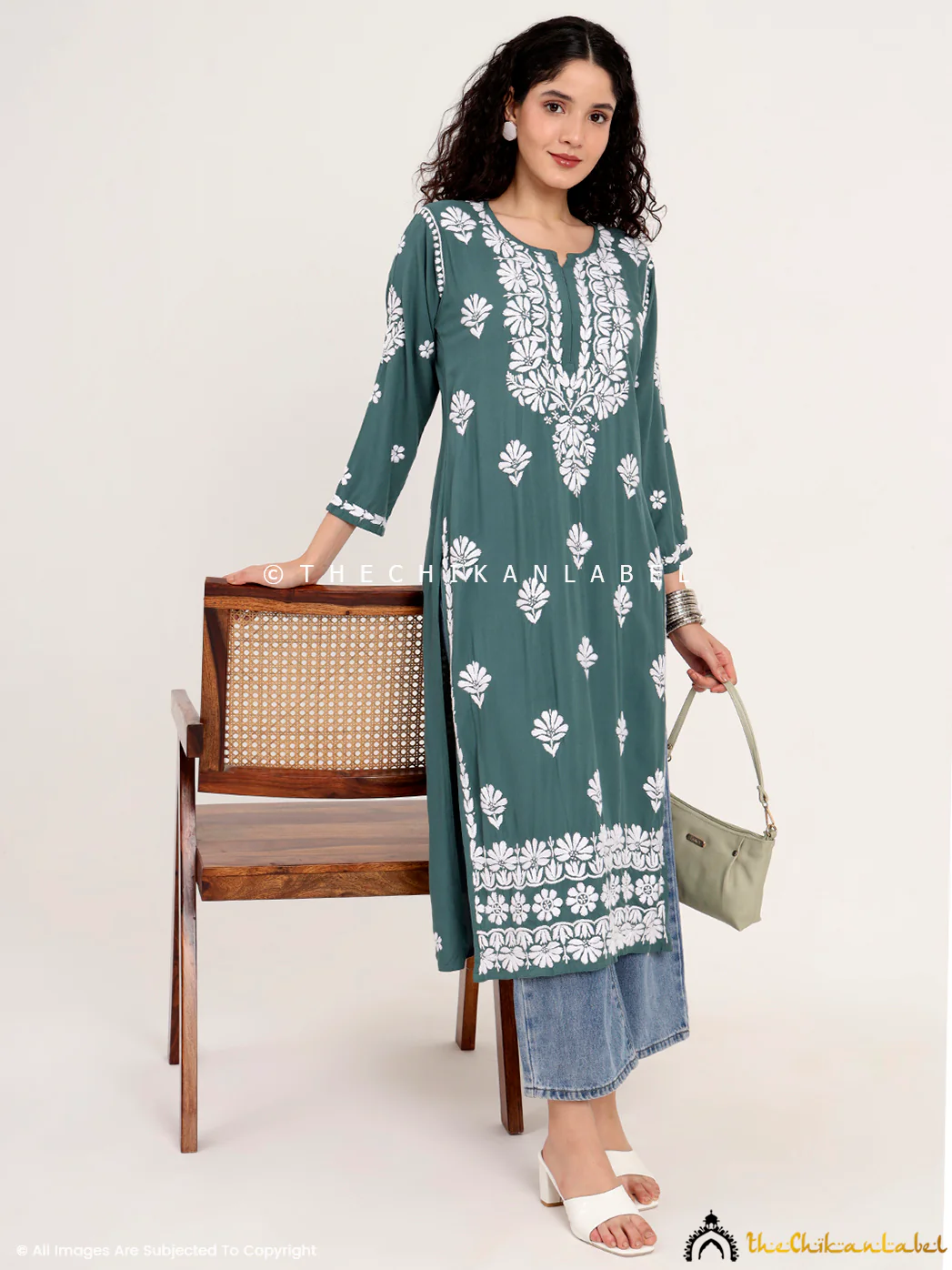 Saira Rayon Straight Chikankari Kurti - Green - Image 6