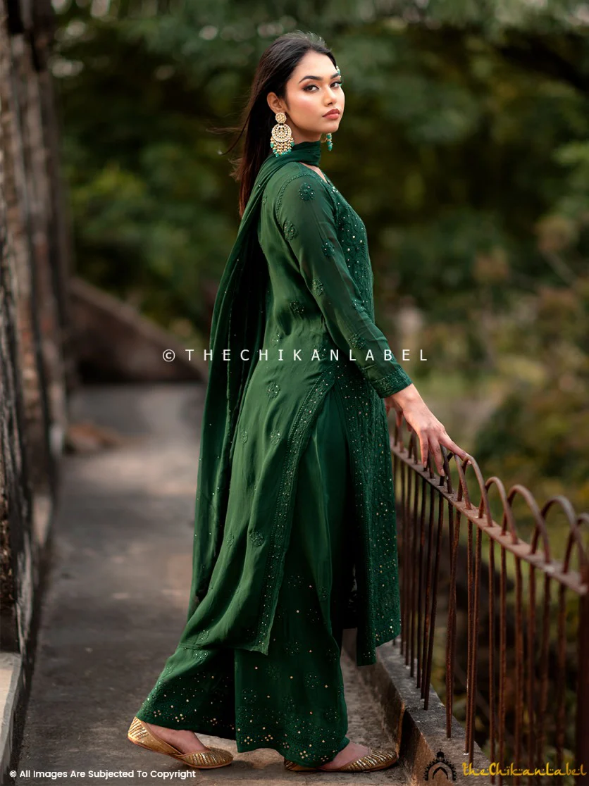 Sitara Chikankari Viscose Kurta Set with Dupatta - Green - Image 3