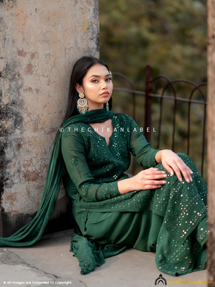 Sitara Chikankari Viscose Kurta Set with Dupatta - Green - Image 4