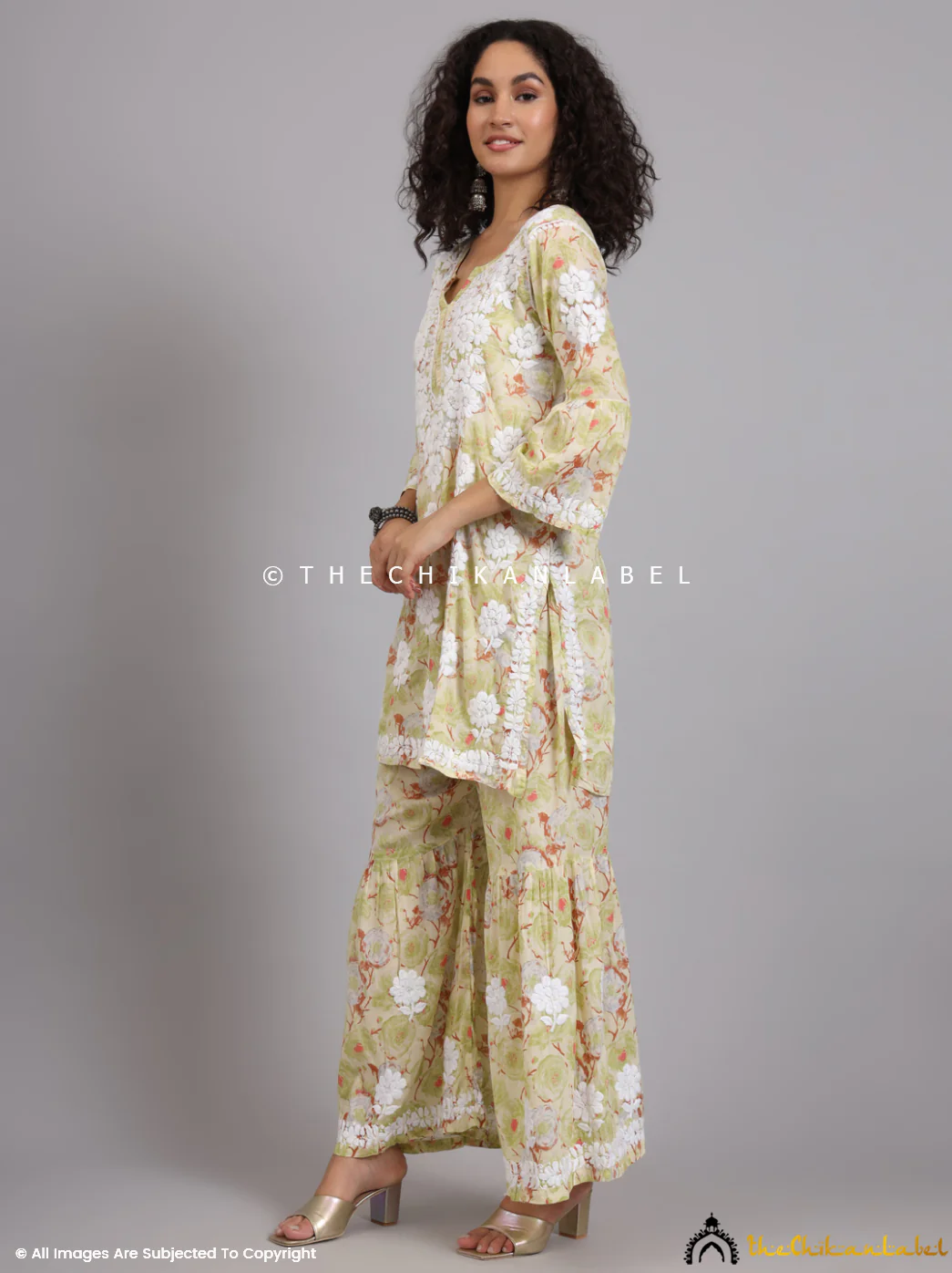 Tarz Mulmul Cotton Chikankari Kurta Garara Set - Green - Image 10