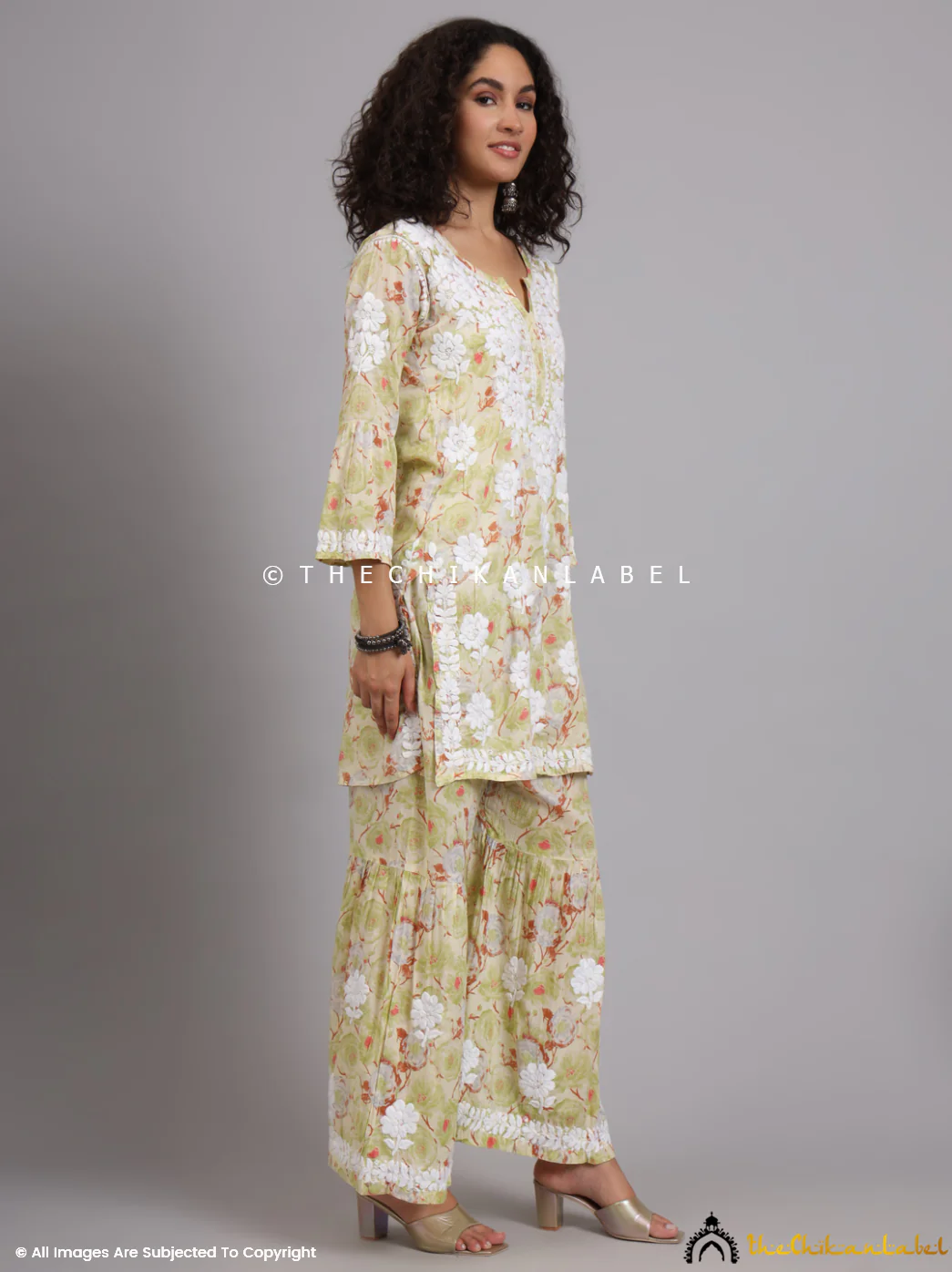 Tarz Mulmul Cotton Chikankari Kurta Garara Set - Green - Image 11