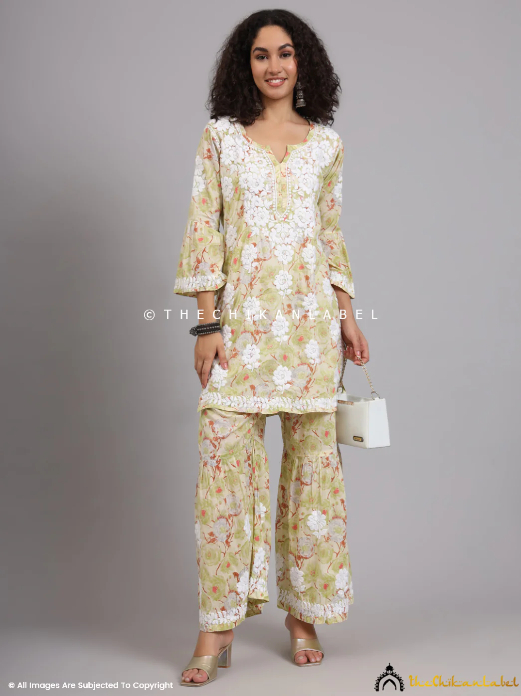 Tarz Mulmul Cotton Chikankari Kurta Garara Set - Green - Image 12