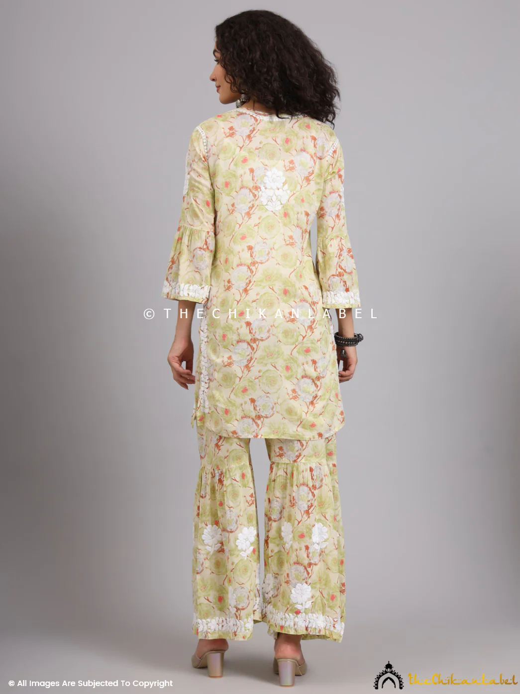 Tarz Mulmul Cotton Chikankari Kurta Garara Set - Green - Image 3