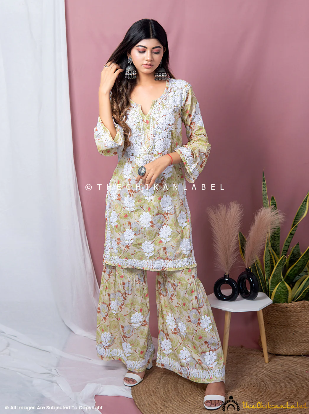 Tarz Mulmul Cotton Chikankari Kurta Garara Set - Green - Image 5