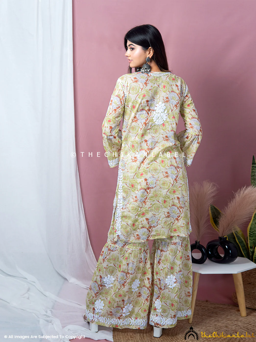 Tarz Mulmul Cotton Chikankari Kurta Garara Set - Green - Image 6