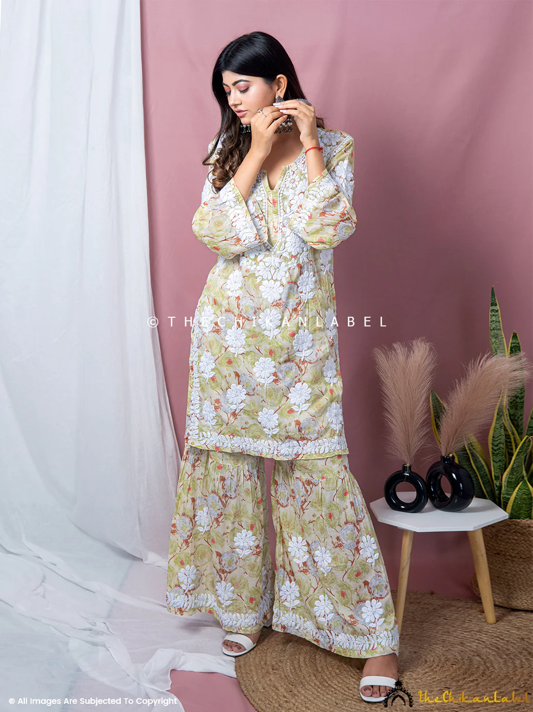 Tarz Mulmul Cotton Chikankari Kurta Garara Set - Green - Image 7