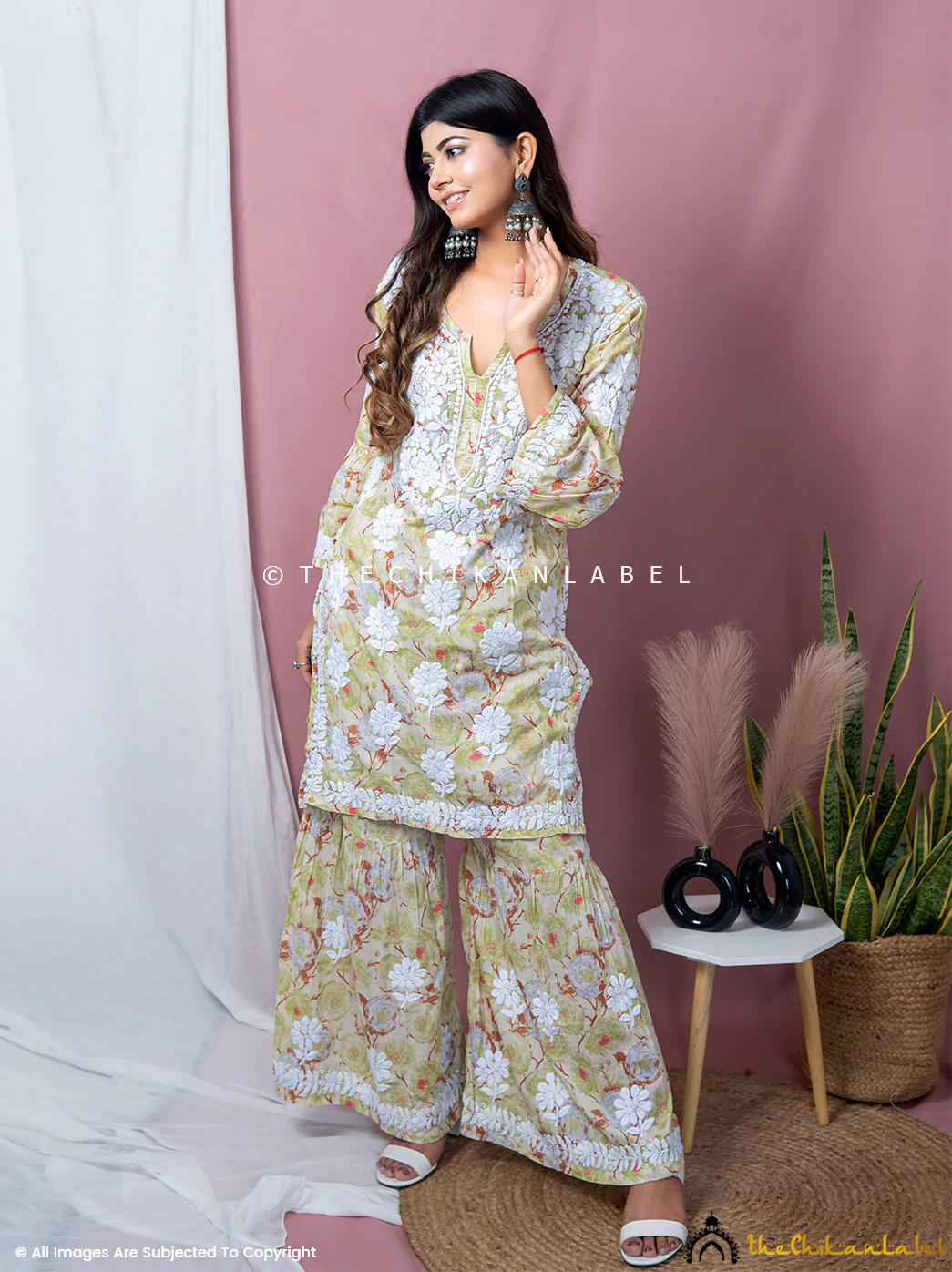 Tarz Mulmul Cotton Chikankari Kurta Garara Set - Green - Image 8