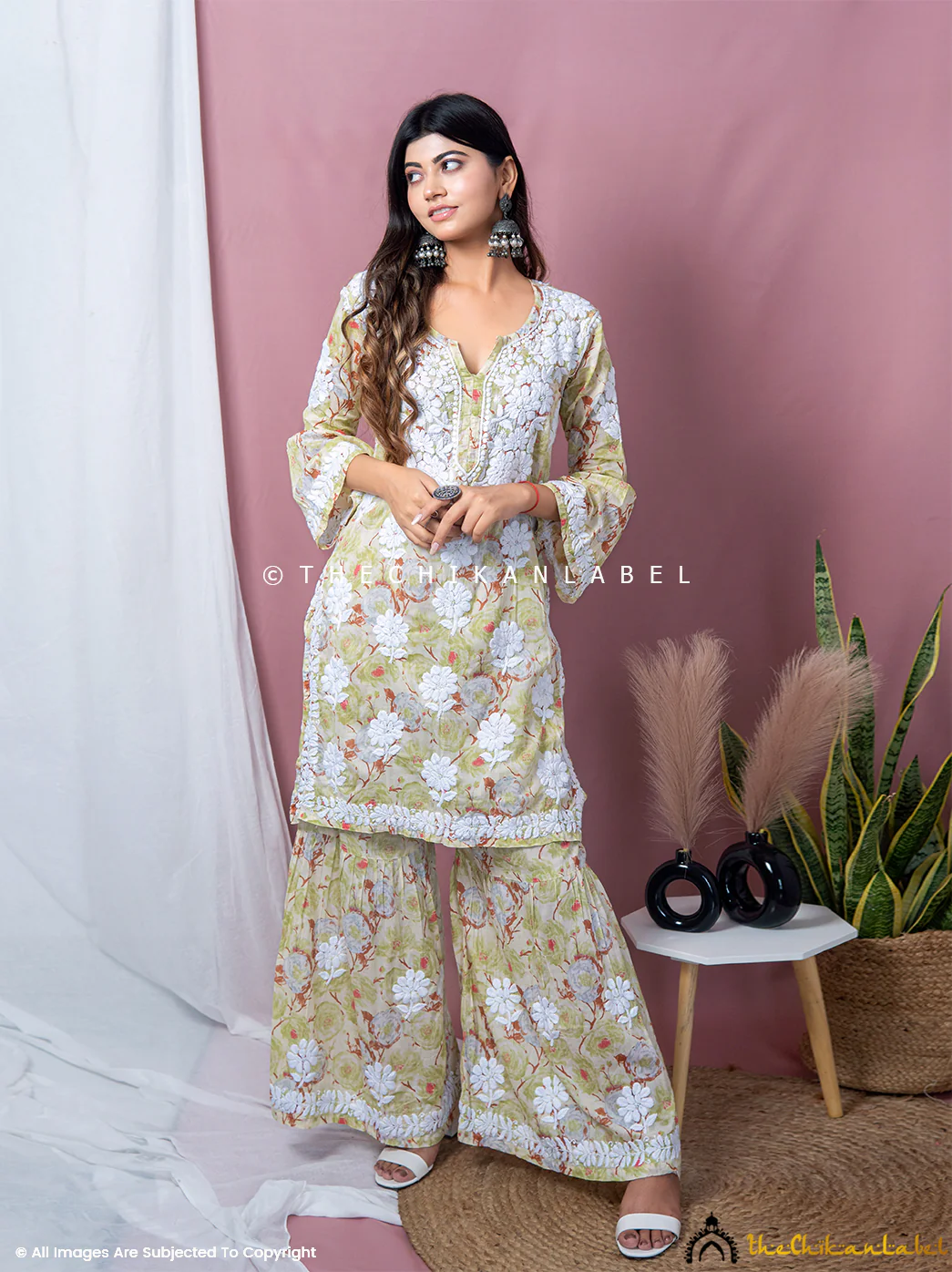 Tarz Mulmul Cotton Chikankari Kurta Garara Set - Green - Image 9