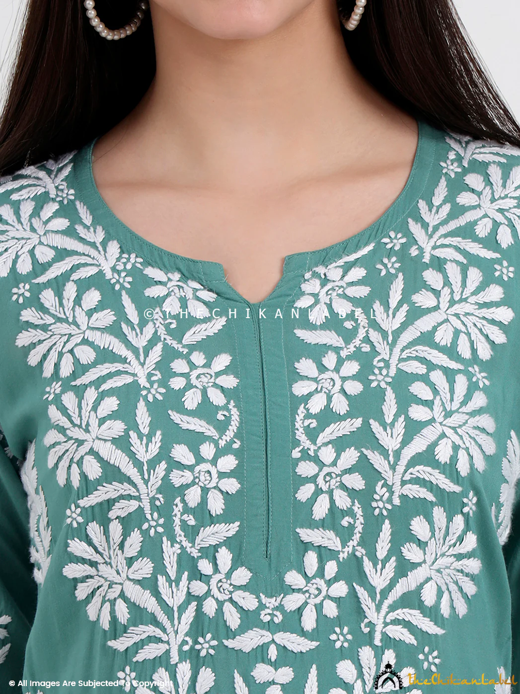 Tazmeen Modal Chikankari Kurti Palazzo Set - Green - Image 2