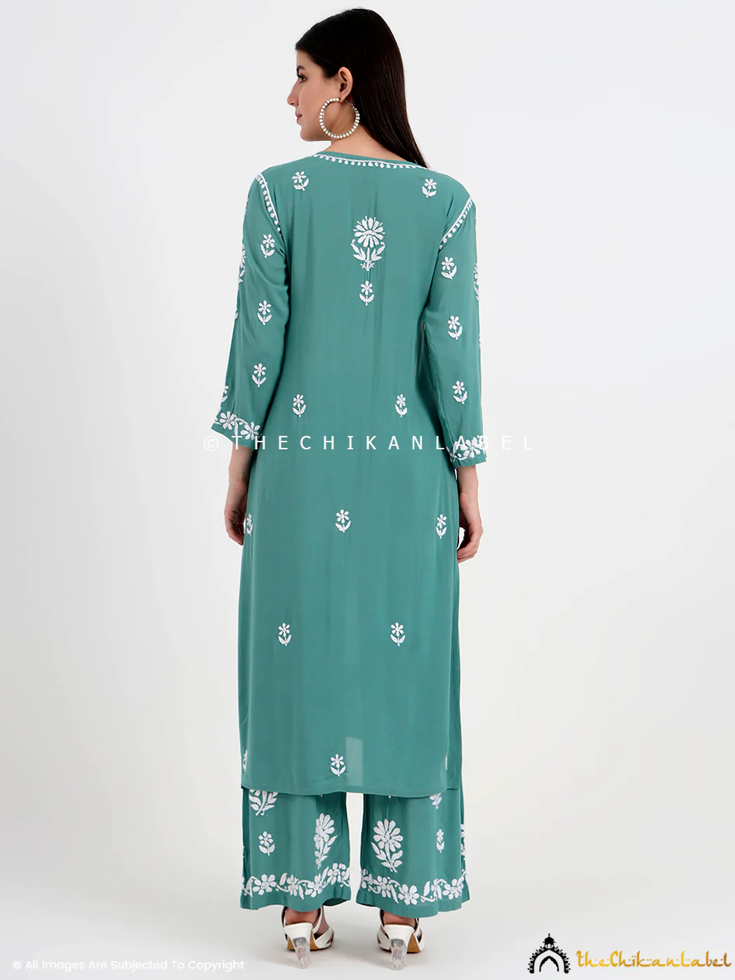 Tazmeen Modal Chikankari Kurti Palazzo Set - Green - Image 3