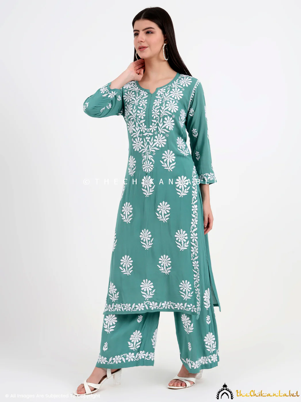 Tazmeen Modal Chikankari Kurti Palazzo Set - Green - Image 4