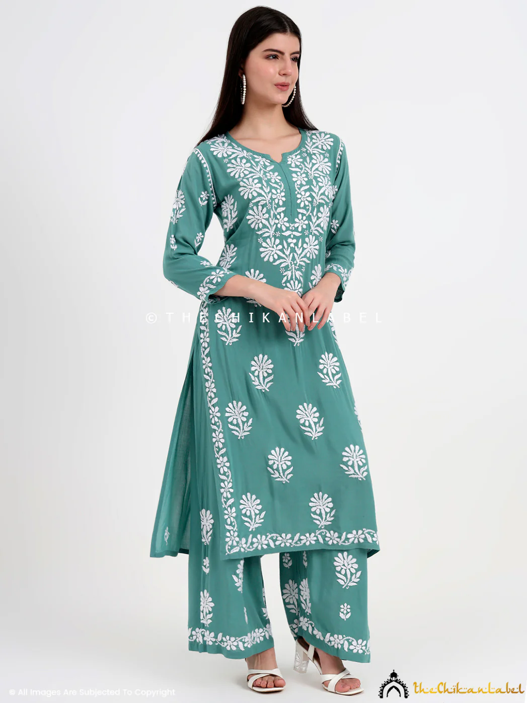 Tazmeen Modal Chikankari Kurti Palazzo Set - Green - Image 5