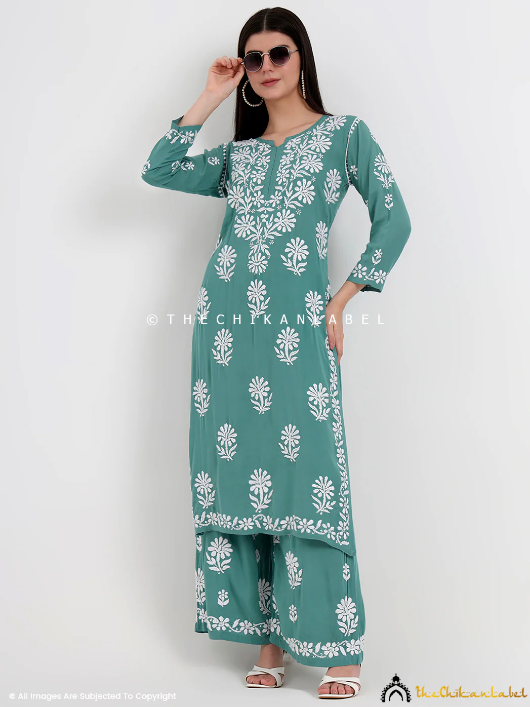 Tazmeen Modal Chikankari Kurti Palazzo Set - Green - Image 6