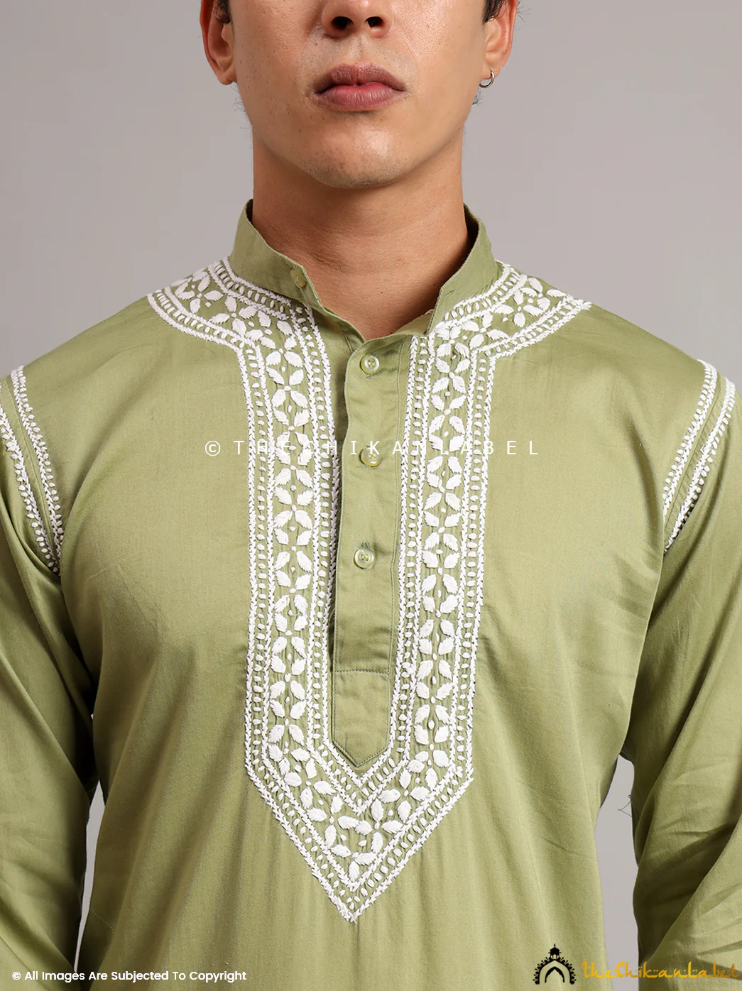 Green Uman Cotton Chikankari Men's Kurta - Image 2