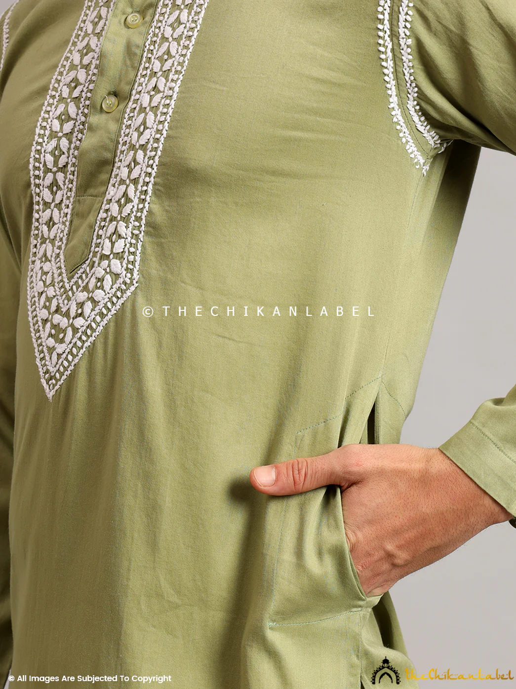 Green Uman Cotton Chikankari Men's Kurta - Image 4