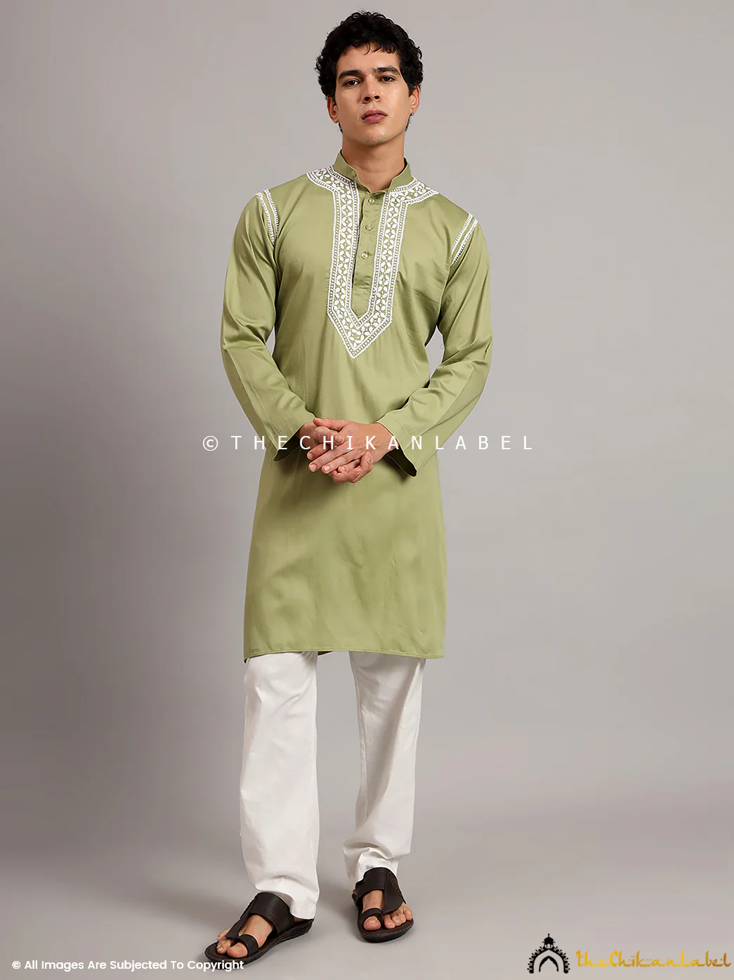 Green Uman Cotton Chikankari Men's Kurta - Image 5