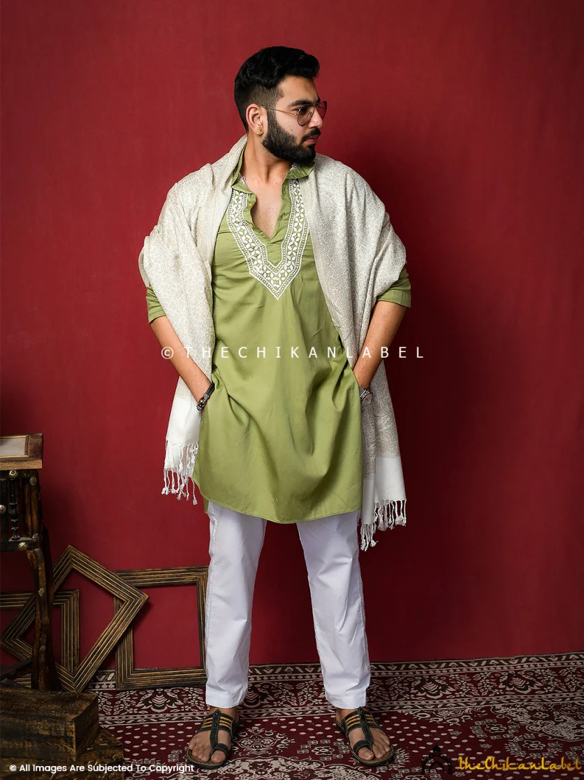 Green Uman Cotton Chikankari Men's Kurta - Image 8