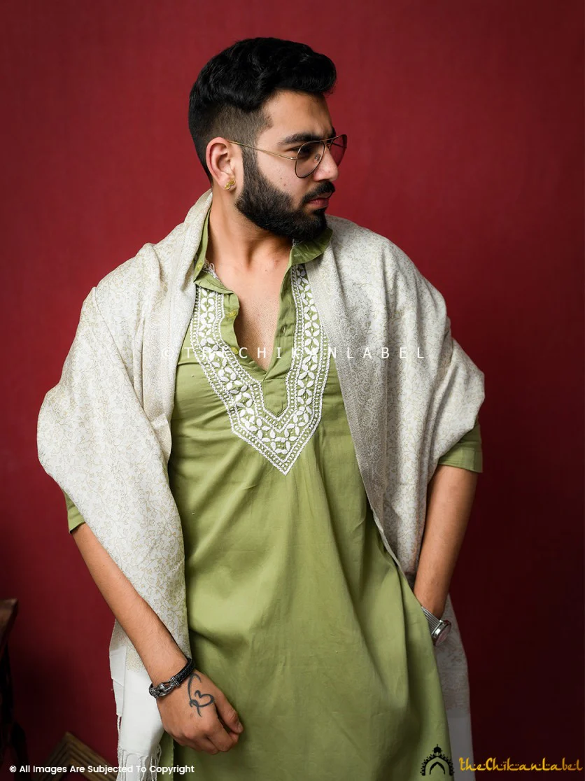 Green Uman Cotton Chikankari Men's Kurta - Image 9