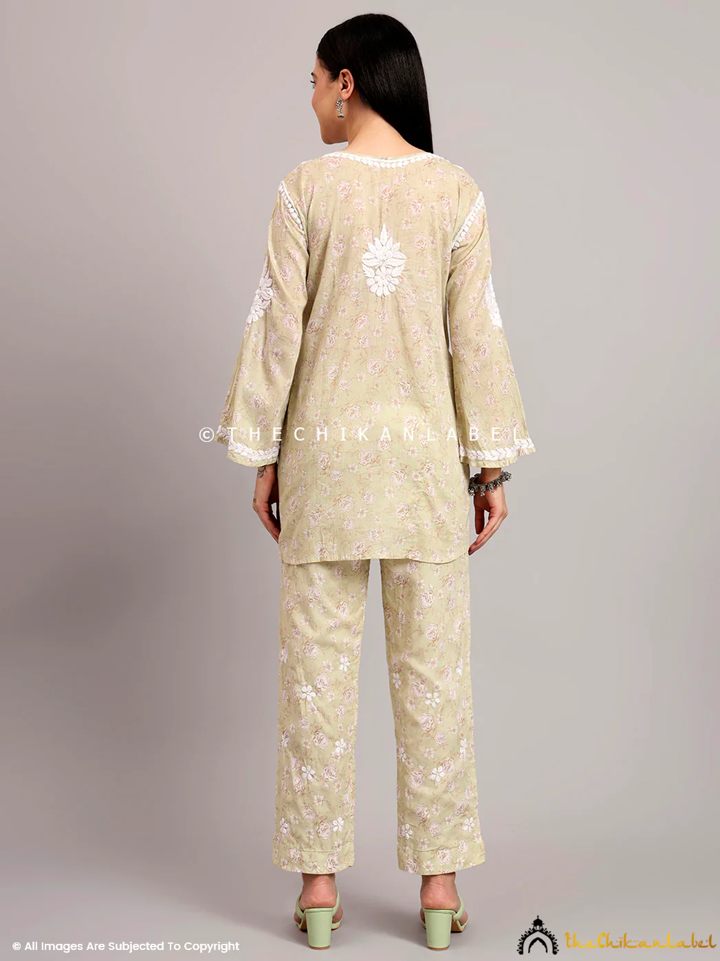 Vedika Mulmul Cotton Chikankari Co-ord Set - Green - Image 3