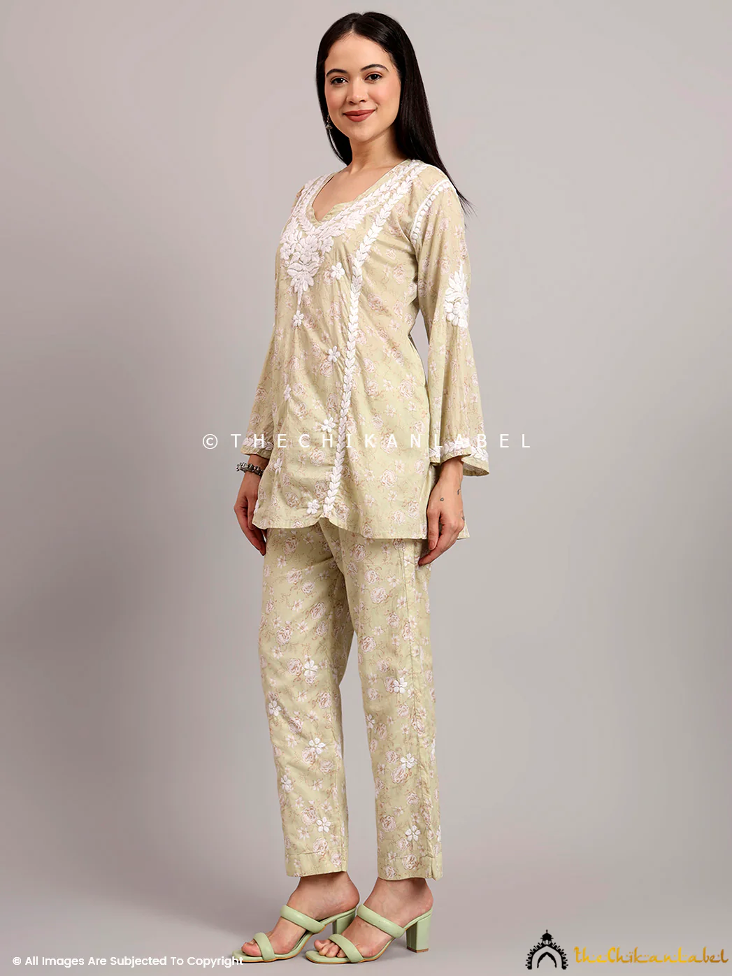Vedika Mulmul Cotton Chikankari Co-ord Set - Green - Image 4