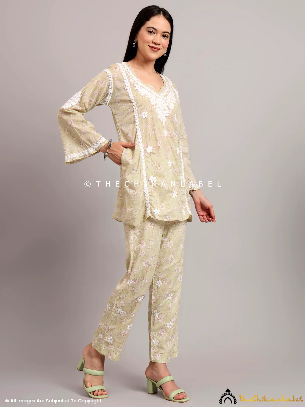 Vedika Mulmul Cotton Chikankari Co-ord Set - Green - Image 5