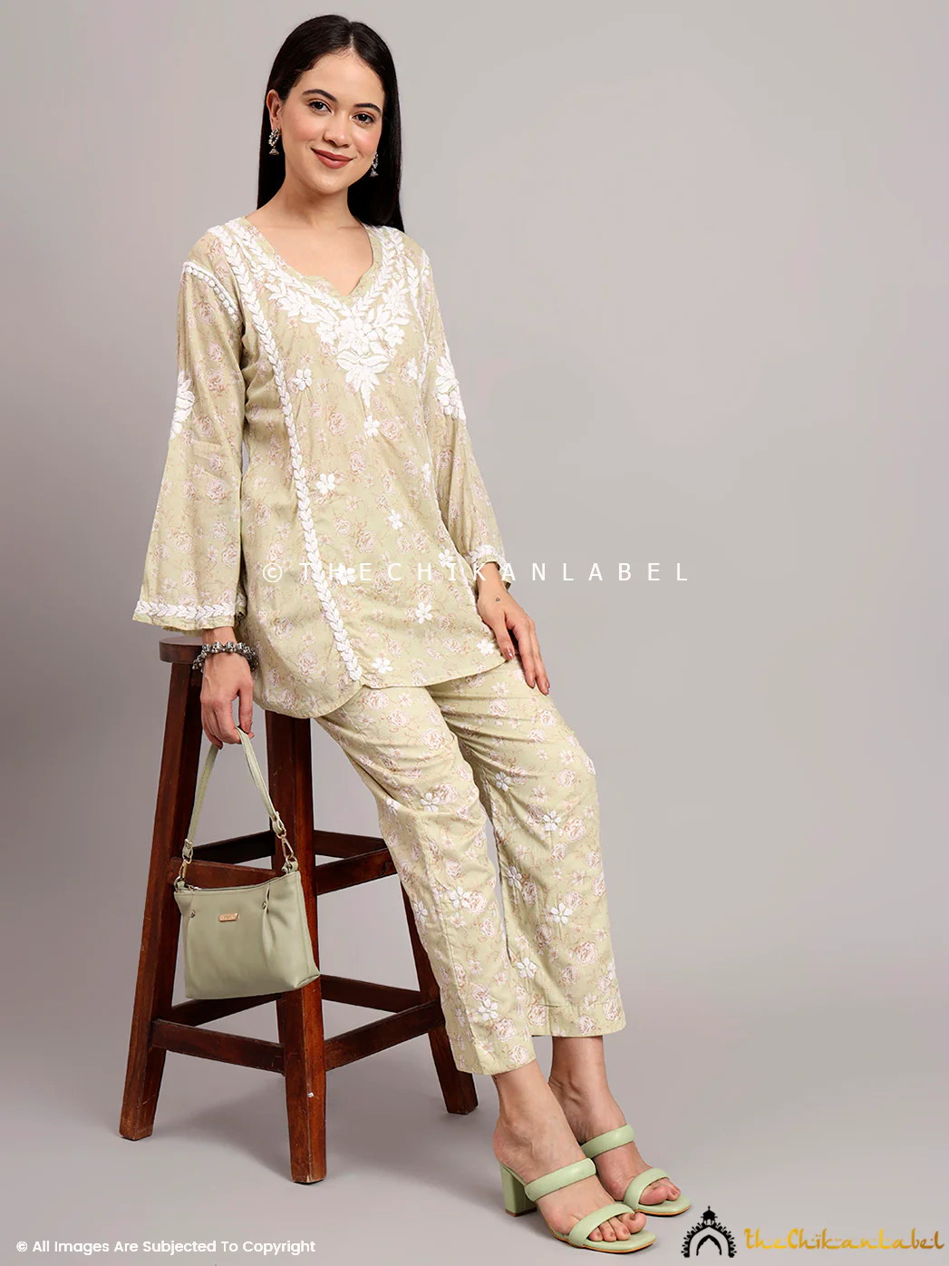 Vedika Mulmul Cotton Chikankari Co-ord Set - Green - Image 6