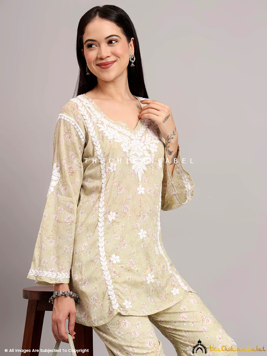 Vedika Mulmul Cotton Chikankari Co-ord Set - Green - Image 7