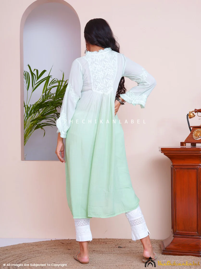 Green Zahrah Muslin Chikankari Jhalar Yok Anarkali - Image 3