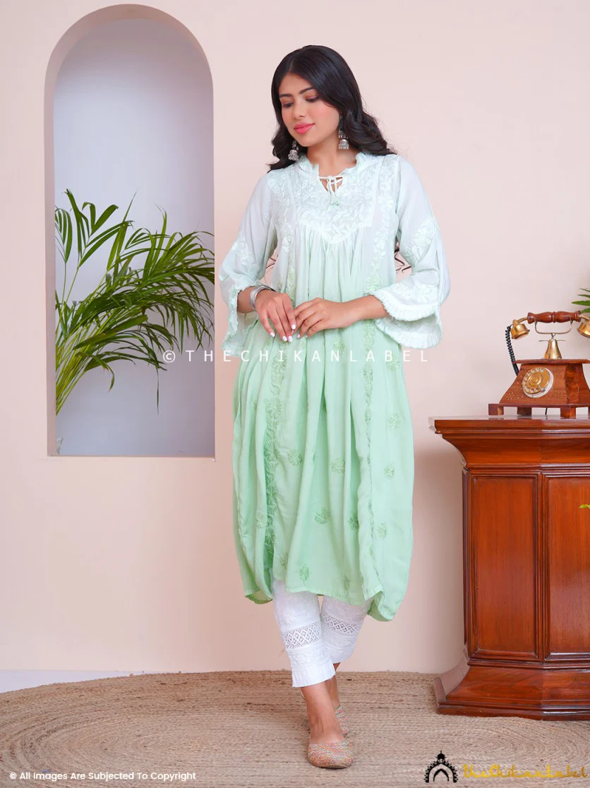 Green Zahrah Muslin Chikankari Jhalar Yok Anarkali - Image 4