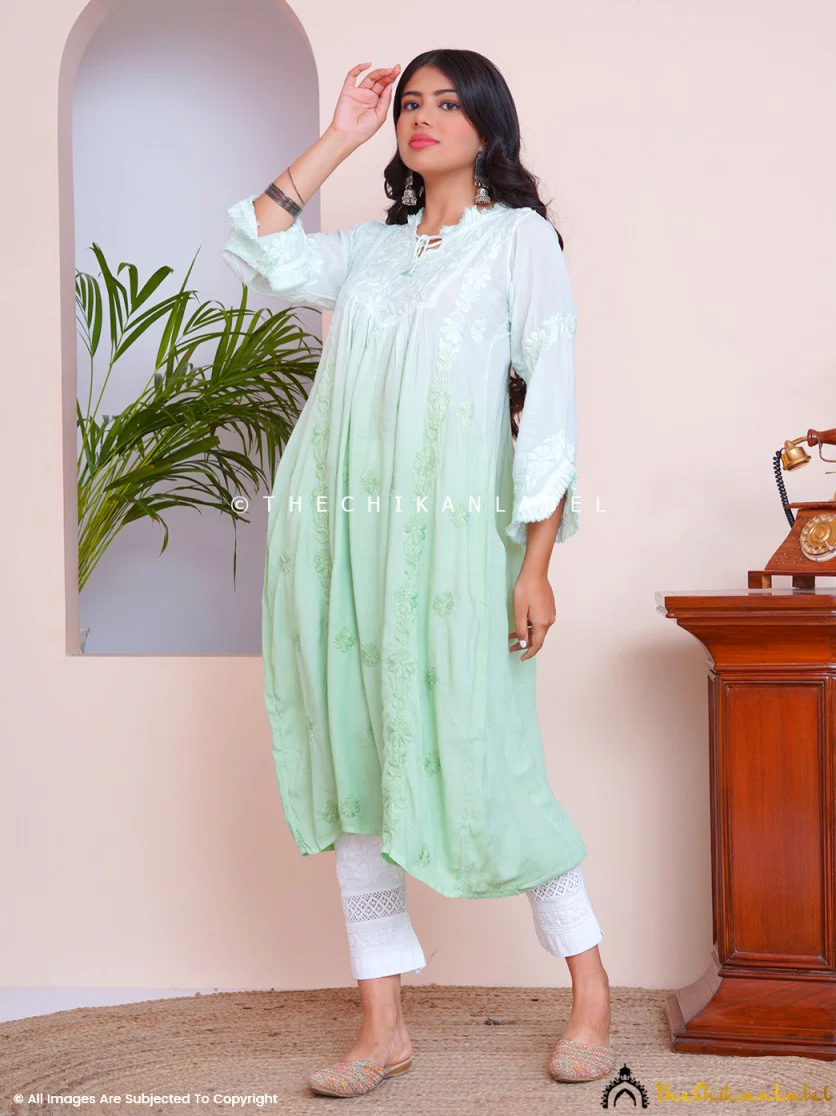 Green Zahrah Muslin Chikankari Jhalar Yok Anarkali - Image 5