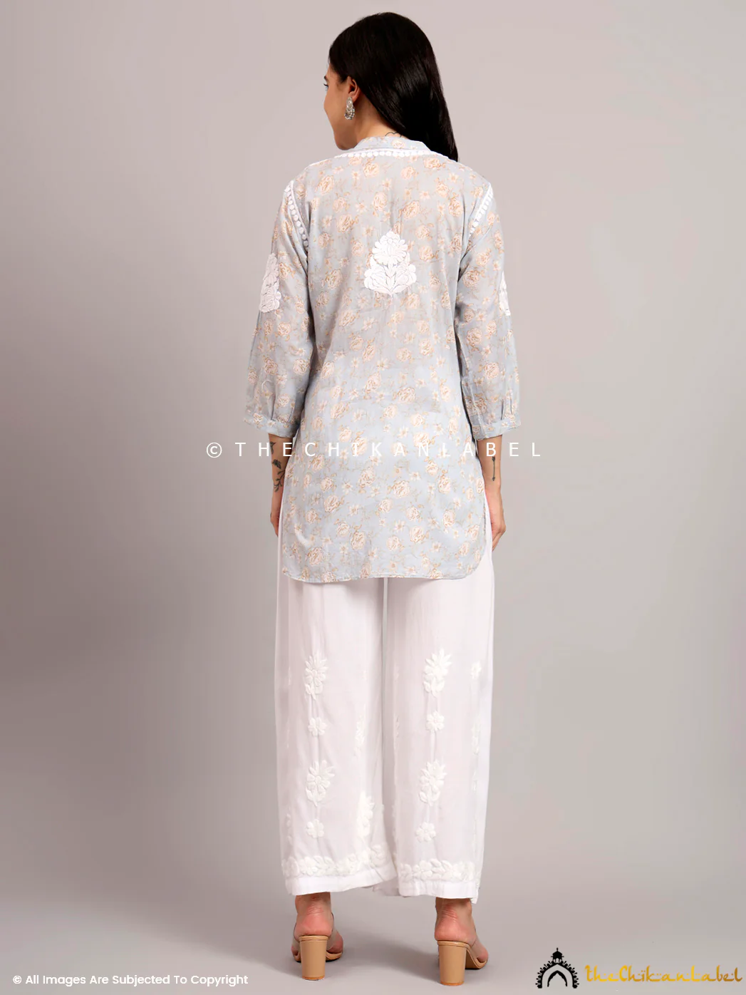 Aarini Mulmul Printed Chikankari Short Kurta - Grey - Image 3