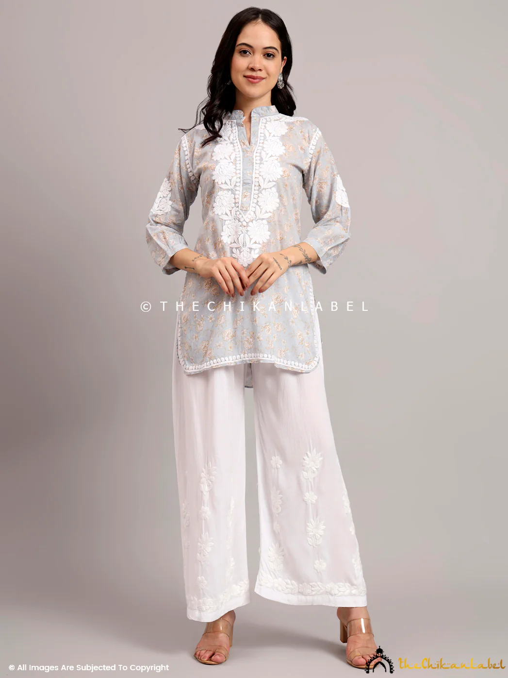 Aarini Mulmul Printed Chikankari Short Kurta - Grey - Image 4