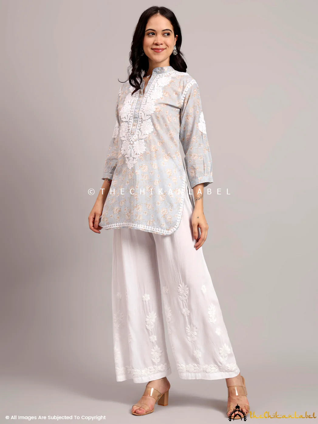 Aarini Mulmul Printed Chikankari Short Kurta - Grey - Image 5