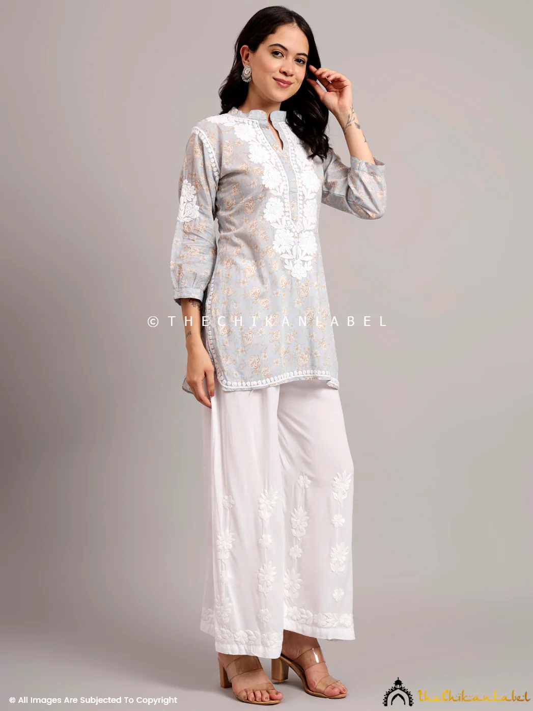Aarini Mulmul Printed Chikankari Short Kurta - Grey - Image 6