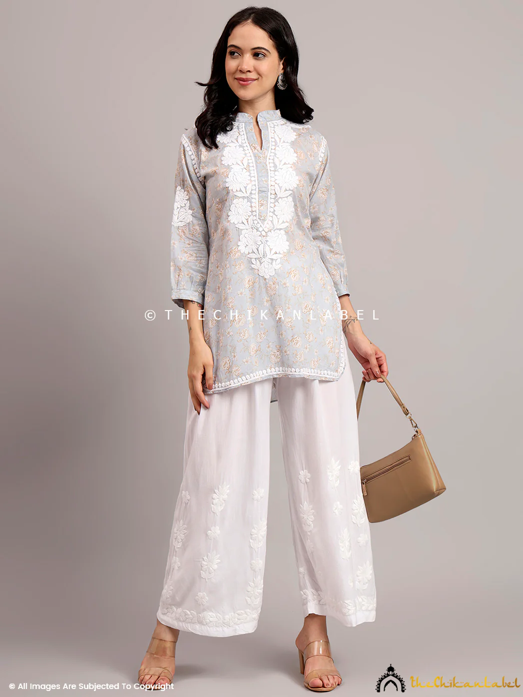 Aarini Mulmul Printed Chikankari Short Kurta - Grey - Image 7