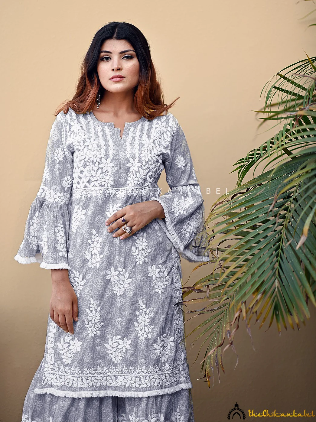 Bandhani Mulmul Cotton Chikankari Kurta Set - Grey