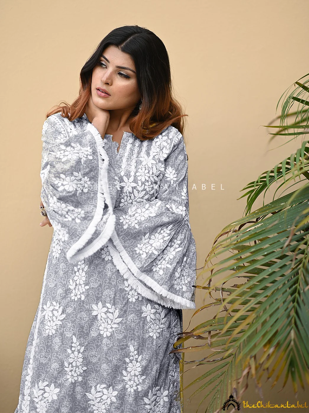 Bandhani Mulmul Cotton Chikankari Kurta Set - Grey - Image 2