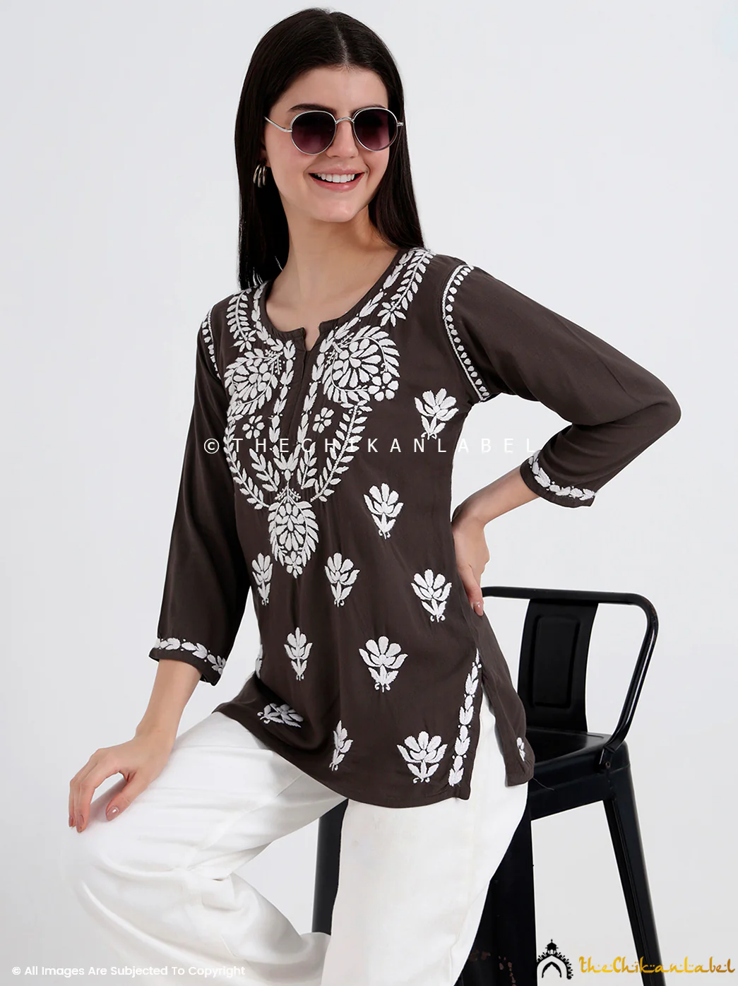 Chahat Rayon Chikankari Short Top - Grey - Image 4