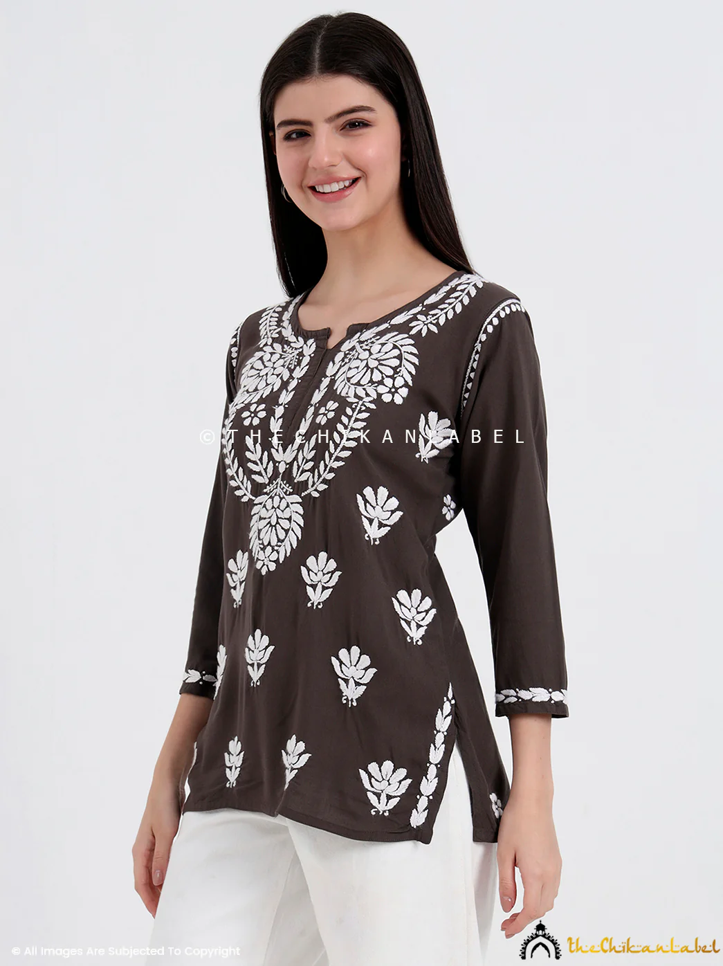 Chahat Rayon Chikankari Short Top - Grey - Image 5