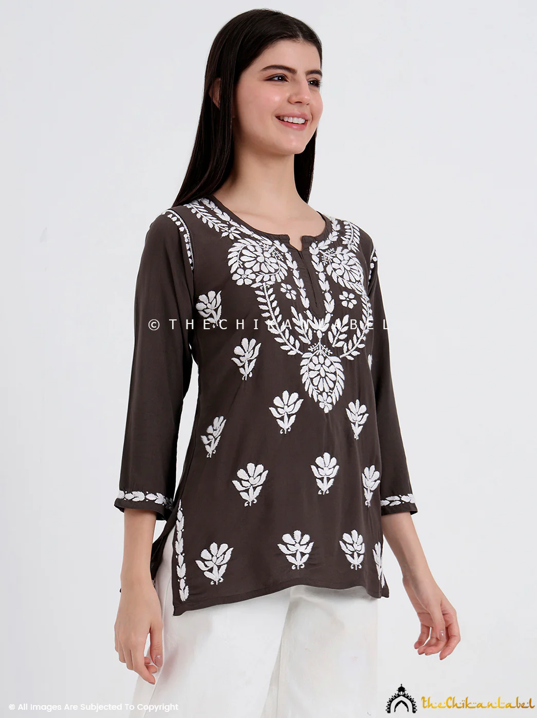 Chahat Rayon Chikankari Short Top - Grey - Image 6