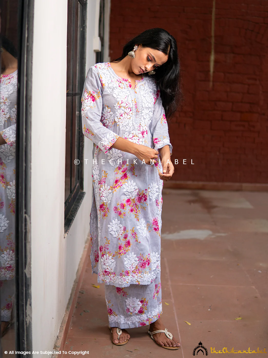 Darmiyan Mulmul Cotton Kurti Palazzo Set-Grey - Image 2
